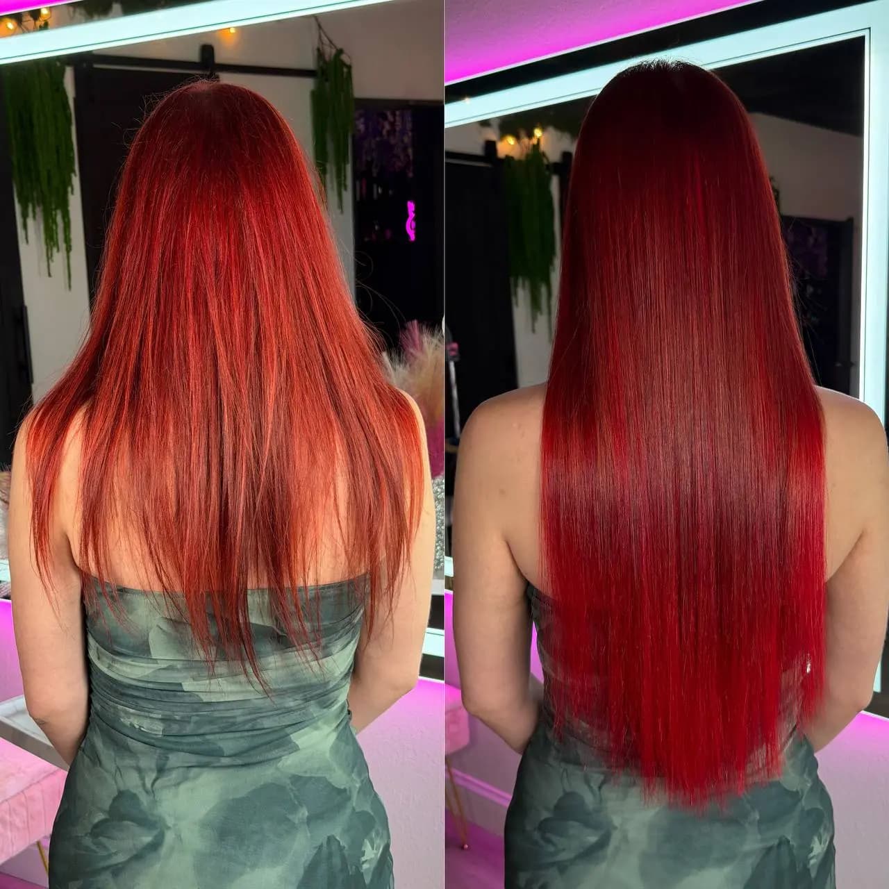 Before and after K-Tip extensions - red hair transformation
